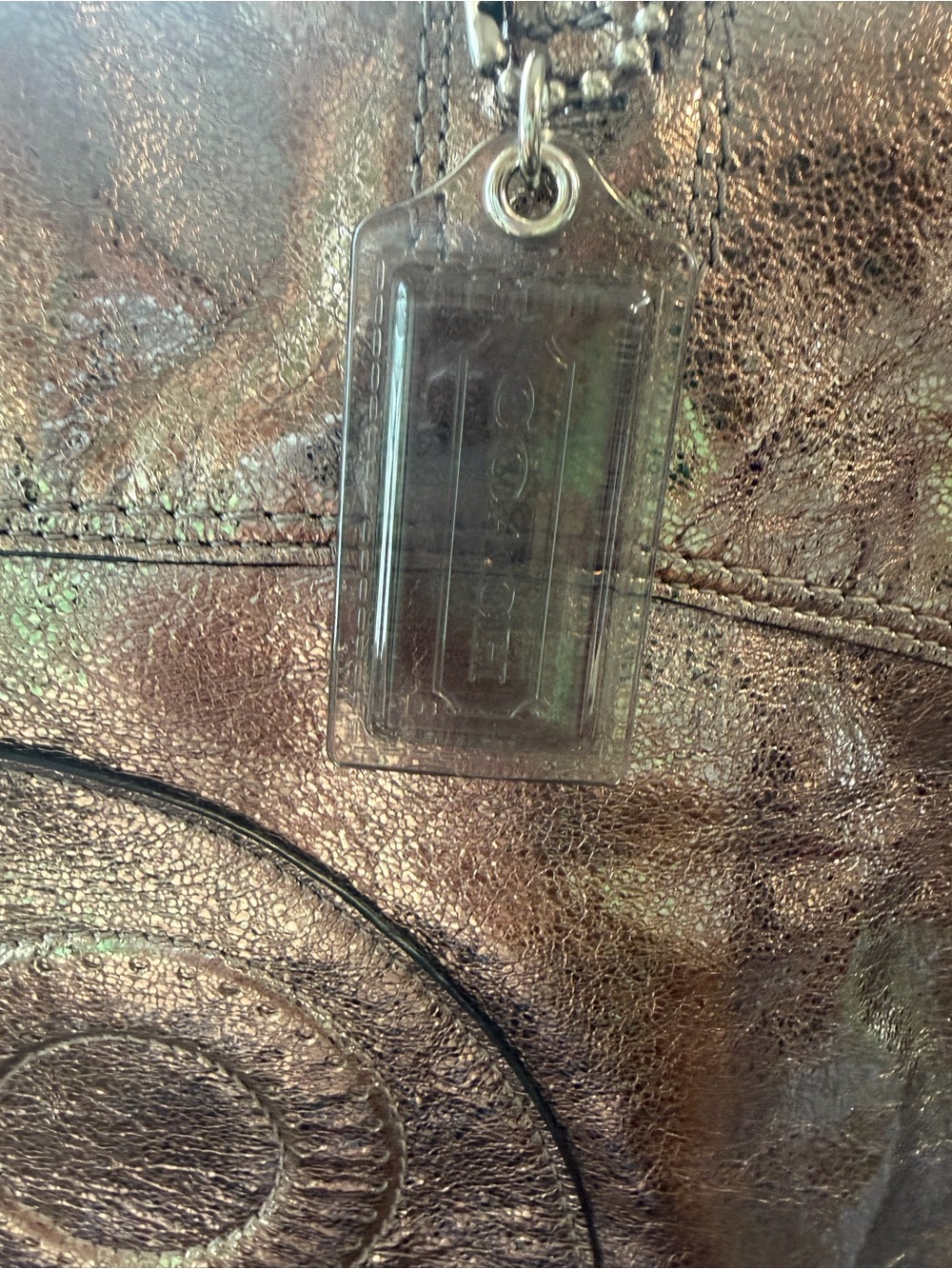 Coach Metallic Bronze Leather Op Art Logo Large Tote Shoulder Bag - Picture 3 of 6